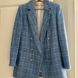 ZARA BLUE TWEED JACKET BLAZER GOLD BUTTONS